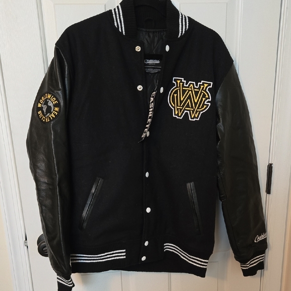 CASHLETES Worldwide Wealth Club BlackVarsity Jacket with Leather Sleeves - Picture 1 of 8